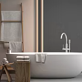Modern White Bathtub Interior With Wooden Ladder Towels Faucet And Gray Wall