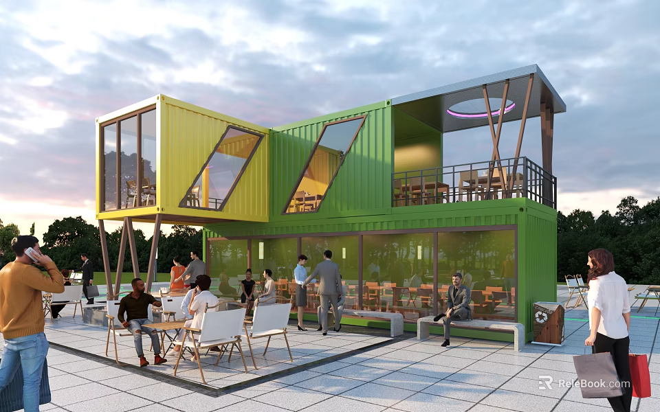 Yellow And Green Container Building With Glass Windows Terrace Outdoor Seating And Leisure Space 3d model 