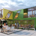 Yellow And Green Container Building With Glass Windows Terrace Outdoor Seating And Leisure Space