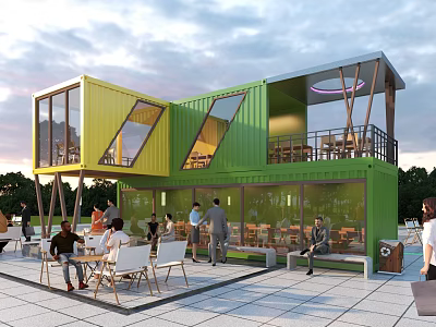 Yellow And Green Container Building With Glass Windows Terrace Outdoor Seating And Leisure Space 3d model