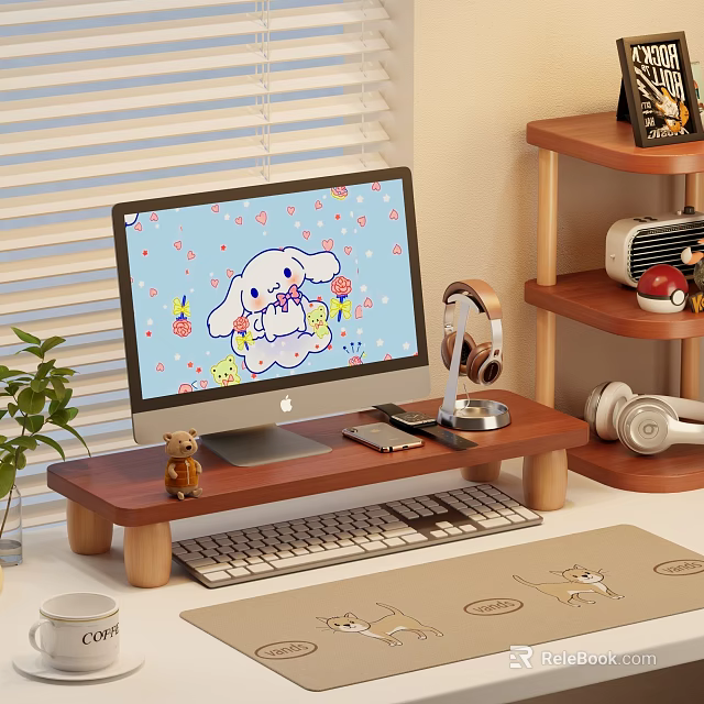 Wooden Shelf on Desktop with Computer Headphones Small Decorations and Green Plant 3d model 