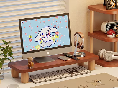 Wooden Shelf on Desktop with Computer Headphones Small Decorations and Green Plant 3d model