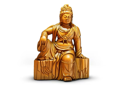 Exquisite Wooden Buddha Sculpture Carving With Intricate Robes Ornate Jewelry And Sitting Pose 3d model