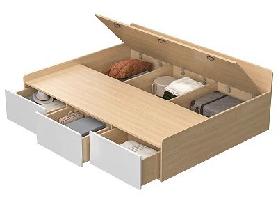 Modern Wooden Storage Bed With Open Compartment And Multiple Drawers For Clothes 3d model