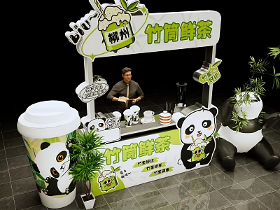 Liuzhou Bamboo Tube Fresh Tea Kiosk With Panda Decor And Green Plants 3d model