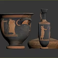 Ancient Greek Pottery Collection With Amphora Tall Vase And Animal Shaped Lid Box