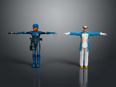 Game Movie Characters Blue Armored Red Helmet And Blue White Uniform Yellow Accents Arms Outstretched 3d model