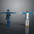 Game Movie Characters Blue Armored Red Helmet And Blue White Uniform Yellow Accents Arms Outstretched