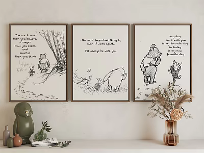 Winnie the Pooh Black and White Wall Art with Framed Illustrations and Decorative Items 3d model