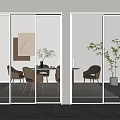 Modern Glass Sliding Doors in Contemporary Interior with Dining Table Chairs and Green Plants