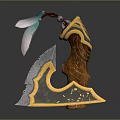 Fantasy Weapon With Silver Blade And Golden Decoration Wooden Handle Green Gem Eye Feather Ornament