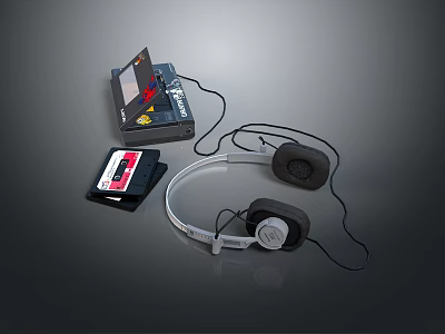 Classic Vintage Electronic Audio Equipment With Cassette Player Headphones And Tapes 3d model