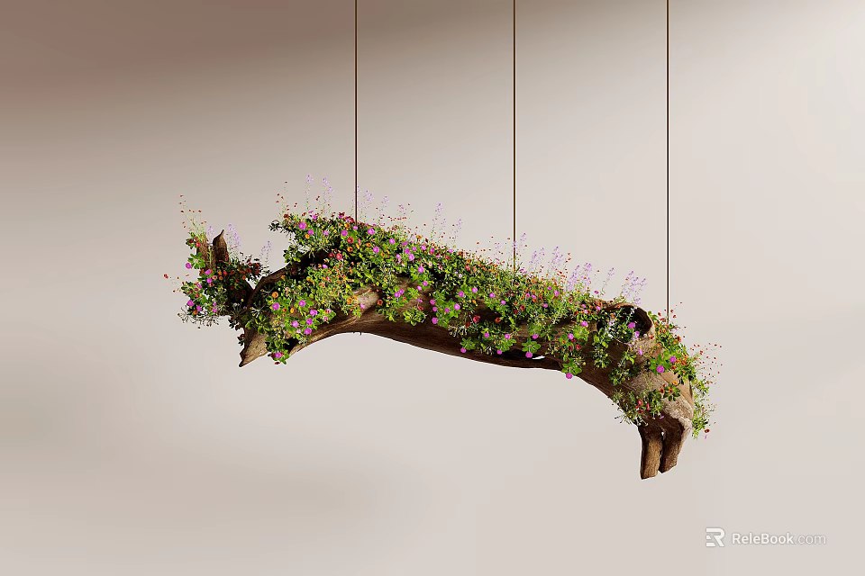 Hanging Tree Branch Decor With Lush Plants And Small Flowers 3d model