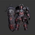 Ornate Red and Purple Armored Man with Spiked Shield and Gemstone Accents