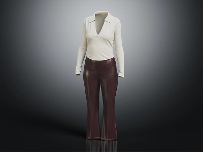 White Collared Long Sleeve Top With Dark Brown Flared Pants Outfit 3d model