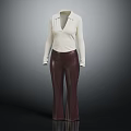 White Collared Long Sleeve Top With Dark Brown Flared Pants Outfit