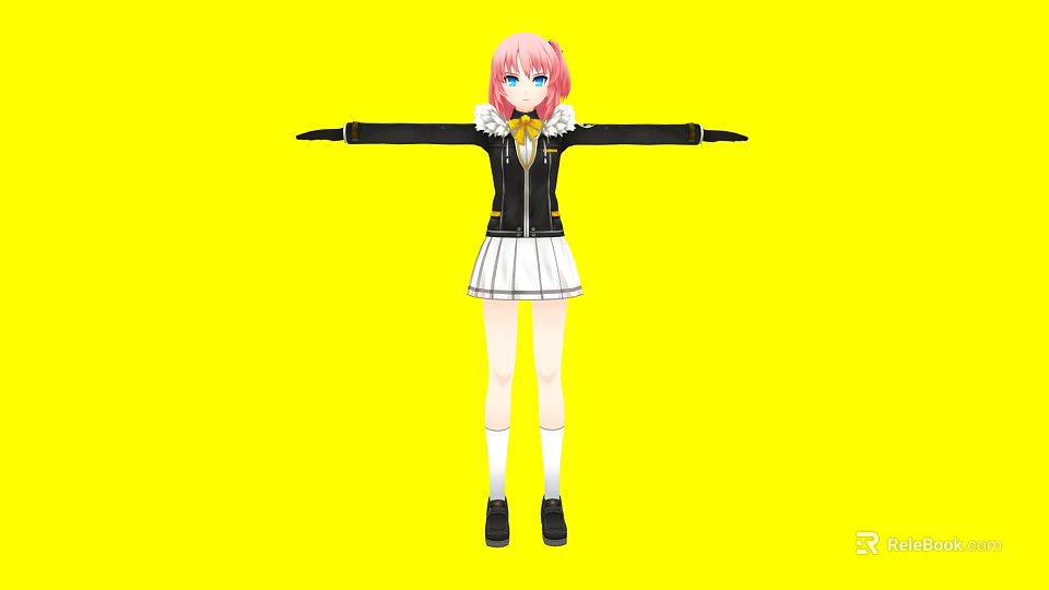 Woman with pink hair wearing black top white pleated skirt against yellow background arms outstretched 3d model 