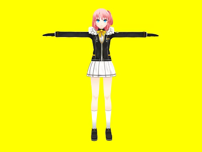 Woman with pink hair wearing black top white pleated skirt against yellow background arms outstretched 3d model