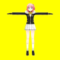 Woman with pink hair wearing black top white pleated skirt against yellow background arms outstretched