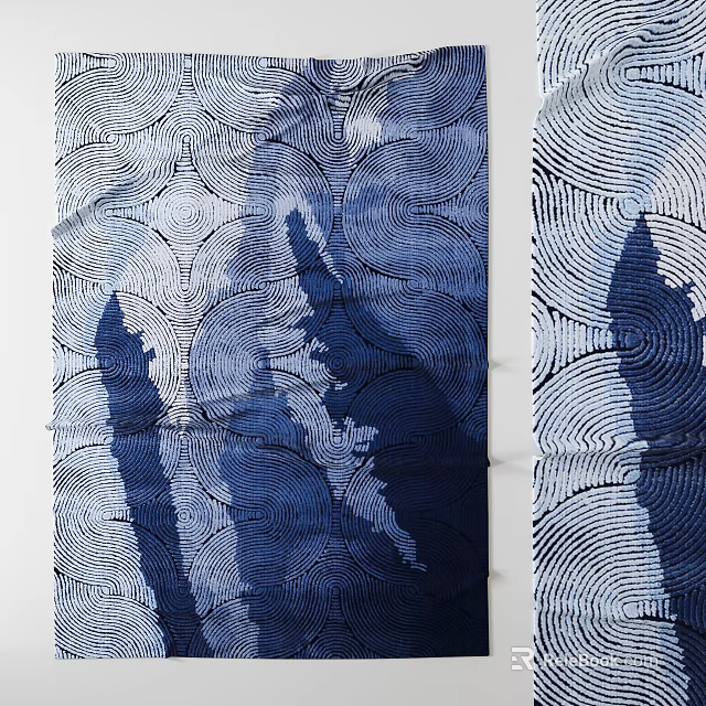 Blue And White Square Rug With Abstract Circular And Feather Like Patterns 3d model