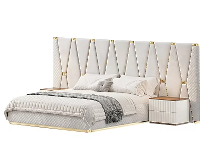 Elegant Modern Double Bed With Diamond Tufted Upholstered Headboard And White Nightstands 3d model