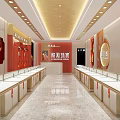 Elegant Jewelry Store Interior With Red Gold Decor Display Counters And Model Posters 3d model
