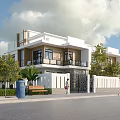 Modern Detached Villa Two Story White And Brown Exterior With Balconies Trees And Greenery