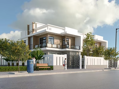 Modern Detached Villa Two Story White And Brown Exterior With Balconies Trees And Greenery 3d model