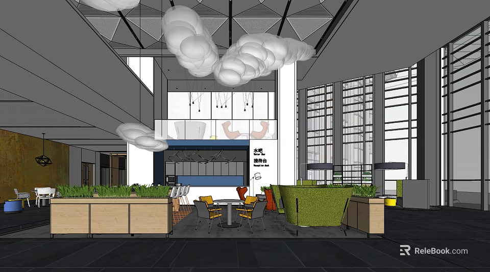 Modern Casual Lounge With Cloud Shaped Pendant Lights Large Windows Green Sofas And Wooden Counters 3d model 
