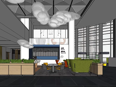 Modern Casual Lounge With Cloud Shaped Pendant Lights Large Windows Green Sofas And Wooden Counters 3d model
