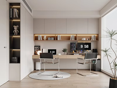 Modern Study Room Interior With Bookshelves Desk Computer Monitor Chairs Rug And Potted Plant 3d model