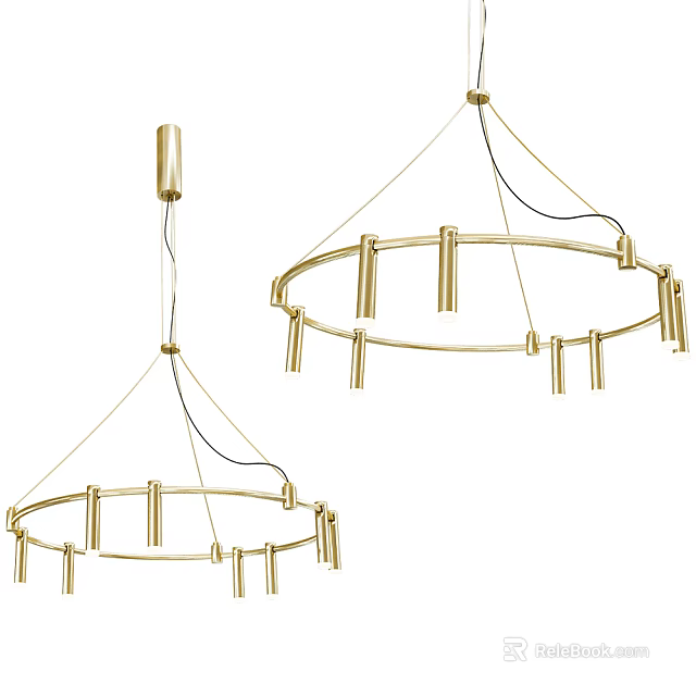 Golden Modern Circular Chandeliers With Stylish Vertical Rods Hanging Design 3d model 