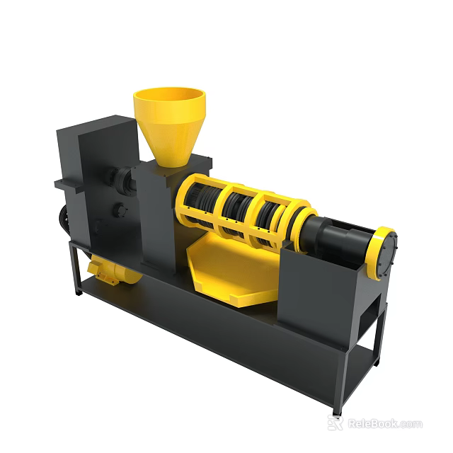 Black And Yellow Industrial Processing Machine With Hopper And Roller Parts 3d model 