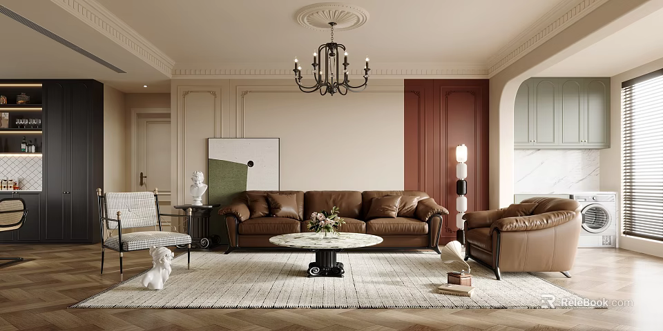 Luxurious Living Room Interior With Brown Leather Sofa Round Coffee Table Chandelier And Herringbone Rug 3d model 