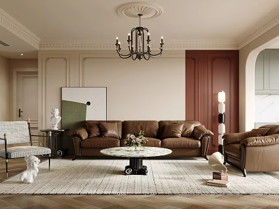 Luxurious Living Room Interior With Brown Leather Sofa Round Coffee Table Chandelier And Herringbone Rug 3d model