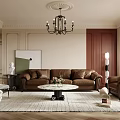 Luxurious Living Room Interior With Brown Leather Sofa Round Coffee Table Chandelier And Herringbone Rug
