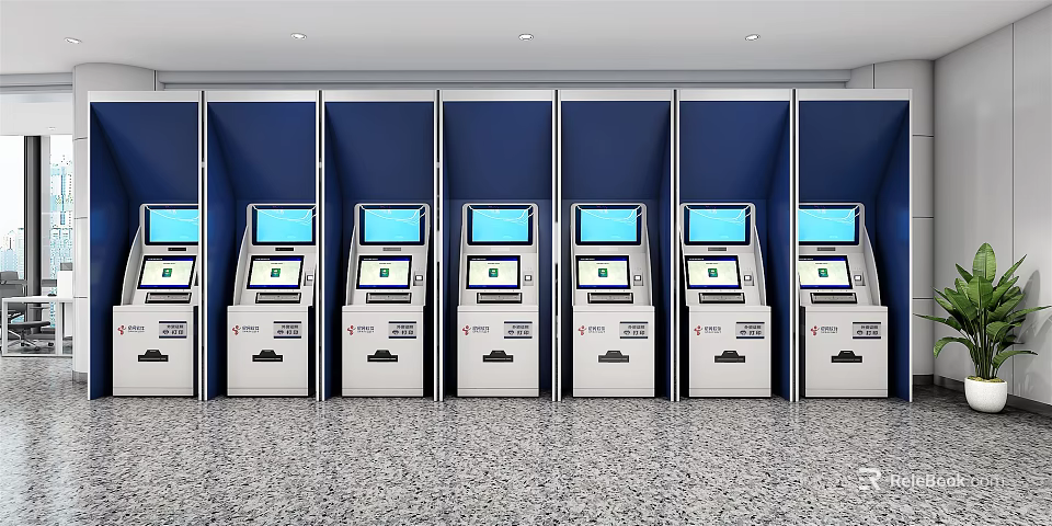 Public Facilities Row Of Self Service Kiosks With Digital Screens 3d model 