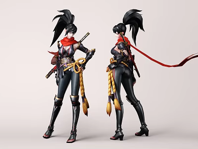 Game Movie Female Character In Black Tight Outfit With Red Scarf Ponytail And Weapons 3d model