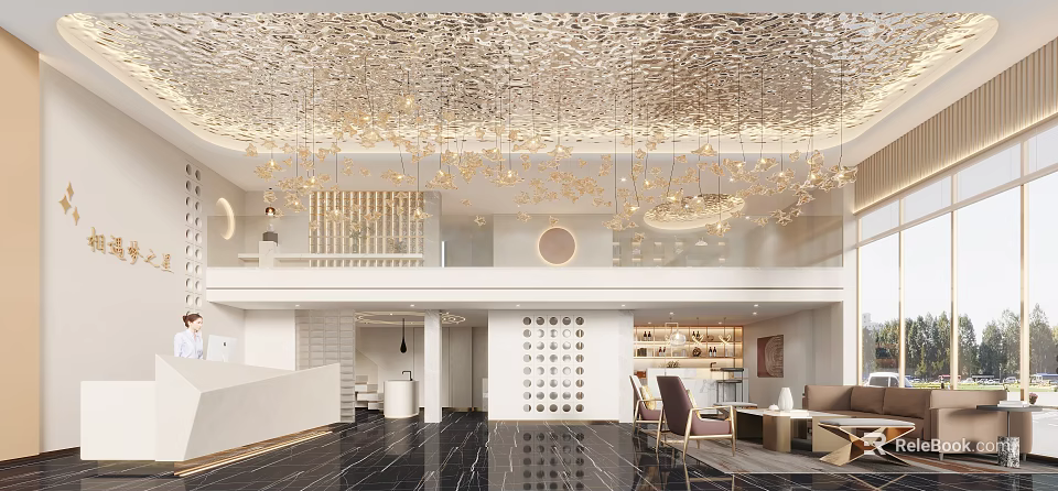 Elegant Modern Hotel Lobby With Gold Textured Ceiling Chandeliers Reception Area And Marble Floor 3d model 