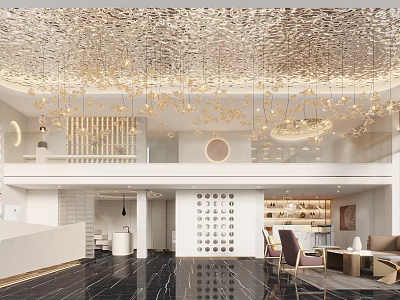 Elegant Modern Hotel Lobby With Gold Textured Ceiling Chandeliers Reception Area And Marble Floor 3d model