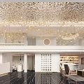 Elegant Modern Hotel Lobby With Gold Textured Ceiling Chandeliers Reception Area And Marble Floor