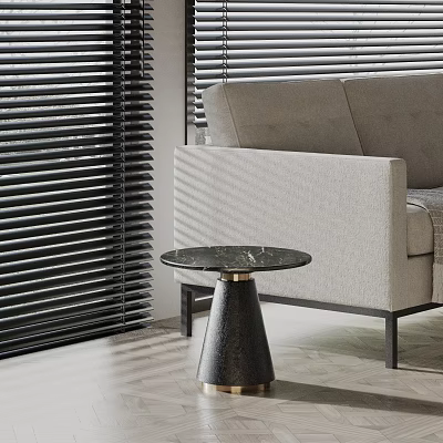 Modern Side Table With Marble Top And Black Metal Base Near Sofa By Blinds In Living Room 3d model
