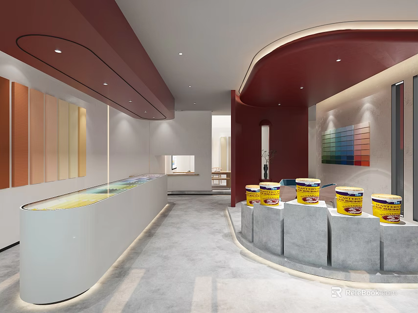 Modern Paint Showroom Interior With Color Swatches And Display Buckets 3d model 