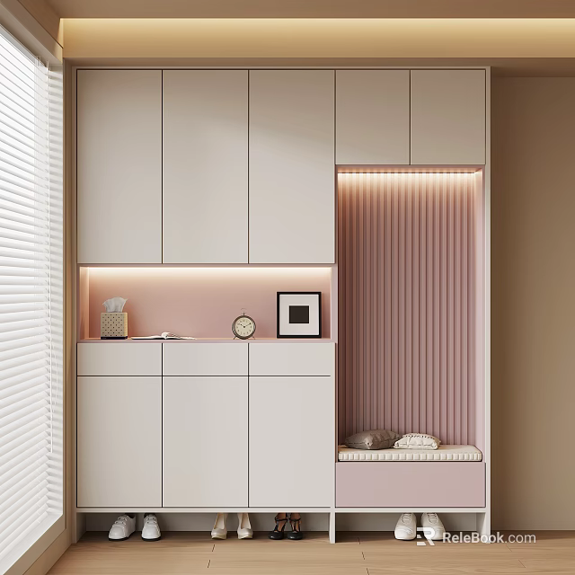 Modern Shoe Cabinet With White Pink Storage Cabinets Drawers Display Shelf And Padded Seat 3d model 