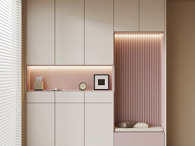 Modern Shoe Cabinet With White Pink Storage Cabinets Drawers Display Shelf And Padded Seat 3d model
