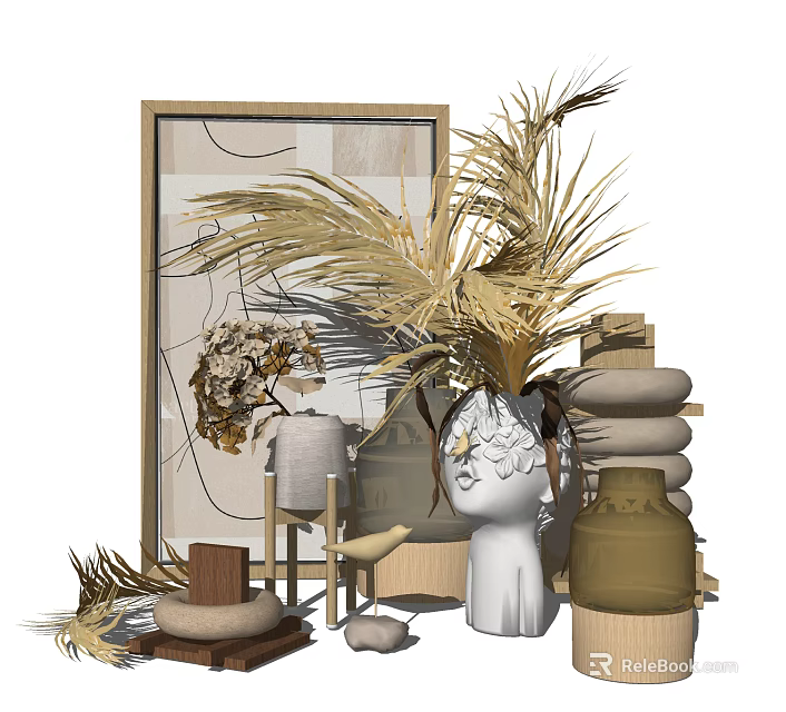 Decorative Ornament Combination With Framed Art Palm Leaves White Sculpture And Stacked Stones 3d model 