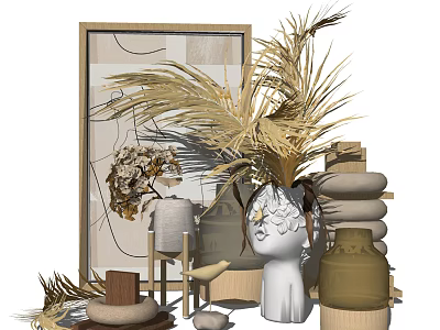 Decorative Ornament Combination With Framed Art Palm Leaves White Sculpture And Stacked Stones 3d model