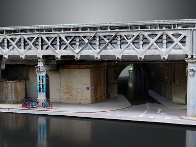 Urban Steel Truss Bridge With Concrete Support Underpass Bicycles And Water Reflection 3d model