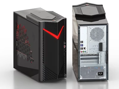 Black Computer Case with Red V Shaped Accent and Transparent Side Panel 3d model