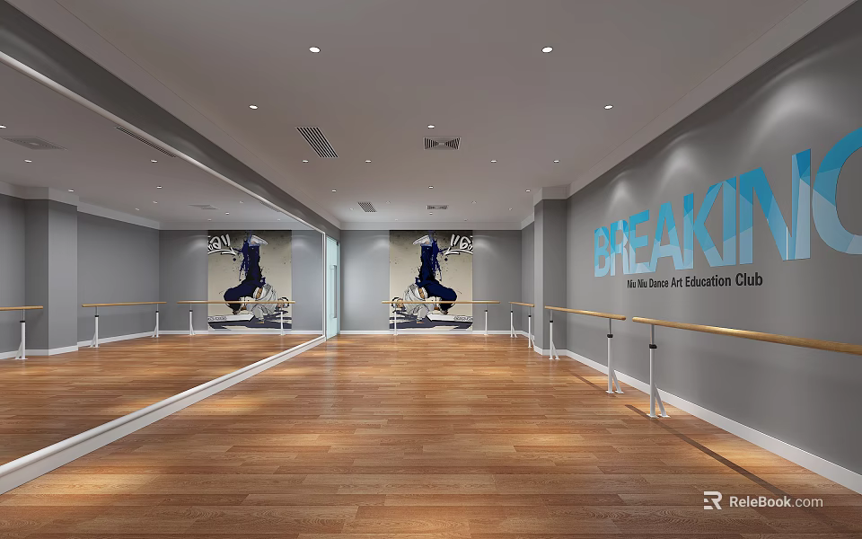 Spacious Bright Fitness Dance Studio With Wooden Floor Mirrors On Both Sides And Breakin Posters 3d model 